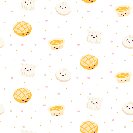 Chinese cuisine cartoon style food pattern vector with egg tart and dim sum. Kawaii asian dishes fun background.のイラスト素材