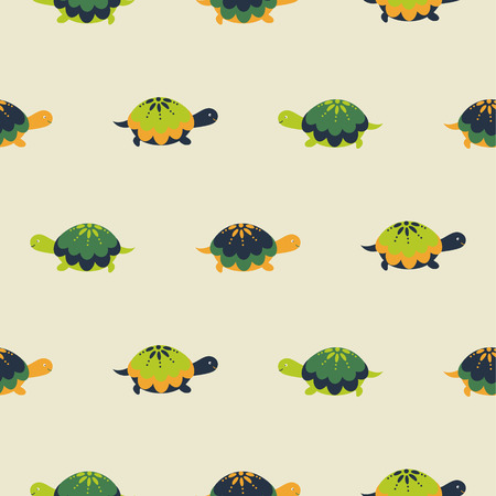 Turtle seamless vector pattern. Cartoon style green fun turtles background. Sea life animal kid print.のイラスト素材