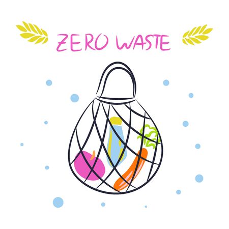 Zero waste eco tote bag with products vector. Eco style no plastic items. Eco green lifesyle.のイラスト素材