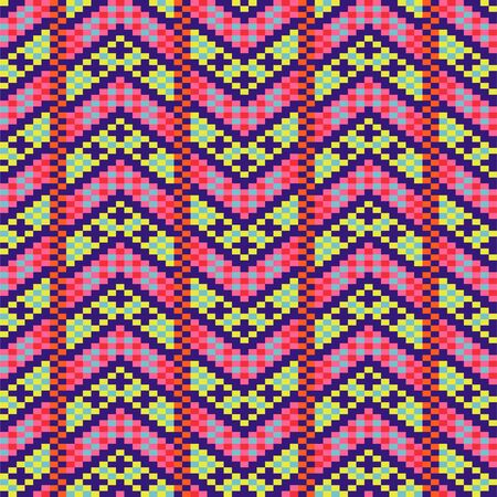 Geometric bold arrow chevron seamless pattern pixel blocks shapes texture. Bright colors vector fabric background.のイラスト素材