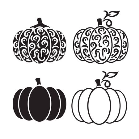 Vector cut out pumpkin decorative set. Pumpkin silhouette papercraft template stencil.のイラスト素材