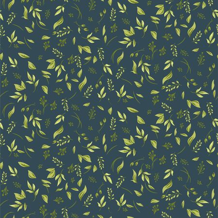 Foliage seamless pattern with plants and leaves. Vector illustration green and blue dark background.のイラスト素材
