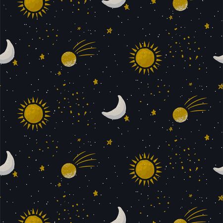 Blue galaxy seamless vector pattern background with sun, planets and star cosmic shapes. Starry night astrology repeat texture.のイラスト素材