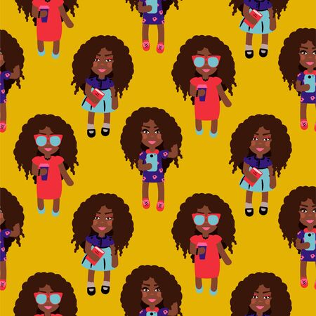 Cute fashion girls seamless vector pattern. Teenager women crowd flat cartoon style on mustard yellow repeat texture.のイラスト素材