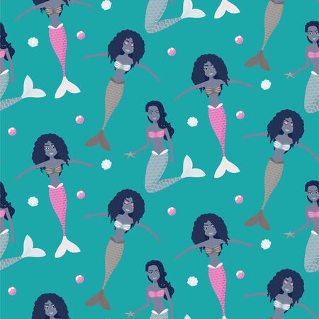 Cute fashion mermaid girls seamless vector pattern. Teenager textile print apparel repeat texture purple blue colors.のイラスト素材
