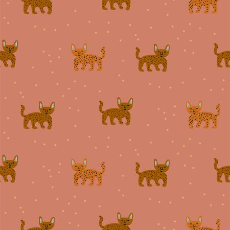 Cute wild cheetah cat seamless pattern abstract characters. Hand drawn design vector texture. Cheerful cheetah childish style animals.のイラスト素材