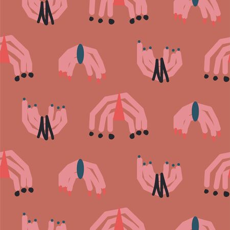 Abstract shapes modern seamless pattern coral red colors. Hand drawn rough archs repeat background for wrap, textile and print design. Paper cuts design.のイラスト素材