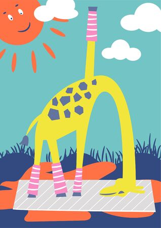 Funny giraffe doing outdoor yoga in a park. Kid book illustration vector. Sport activity leisure animals concept.のイラスト素材
