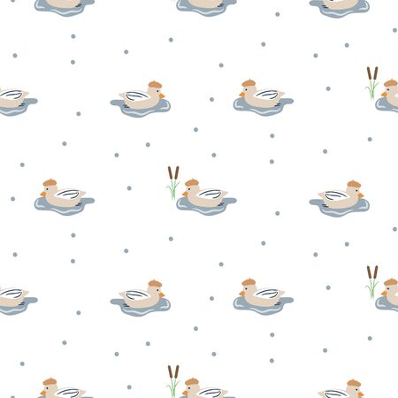 Seamless pattern with cute ducks on a pond. Cartoon style birds on a lake vector background.のイラスト素材