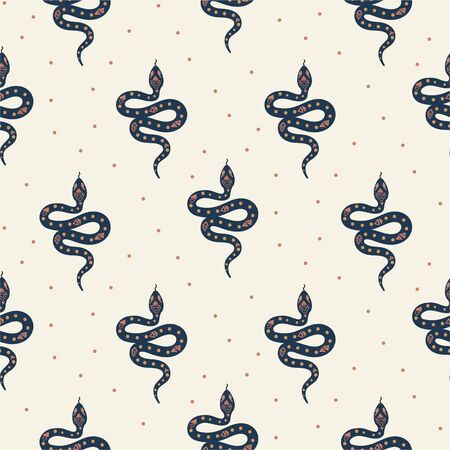 Cartoon boho snakes vector seamless pattern. Handdrawn style mystic bohemian snake background.のイラスト素材