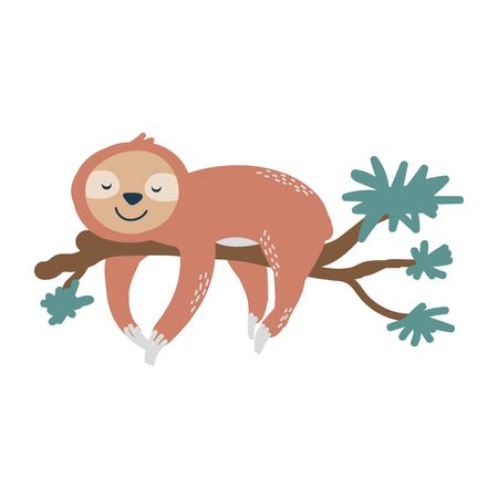 Cute sloth on tree branch vector illustration. Childish cartoon jungle animal print design.のイラスト素材
