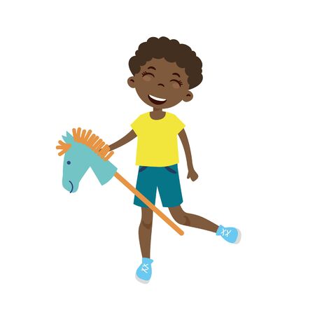 Cute boy riding a horse stick toy vector. Afro-american happy kid playing cartoon illustration.のイラスト素材