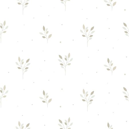 Floral seamless pattern with tiny branches. Vector white neutral foliage background.のイラスト素材