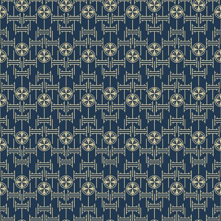 Chinese geometric background seamless pattern vector. Blue and gold abstract China style influenced texture design.のイラスト素材
