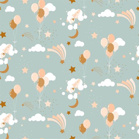 Cute baby pattern with balloons, clouds and rockets seamless vector pattern background neutral calm nursery room wallpaper colors.のイラスト素材