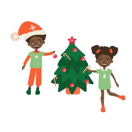 Kids decorating a Christmas tree vector illustration. Xmas child fun.のイラスト素材
