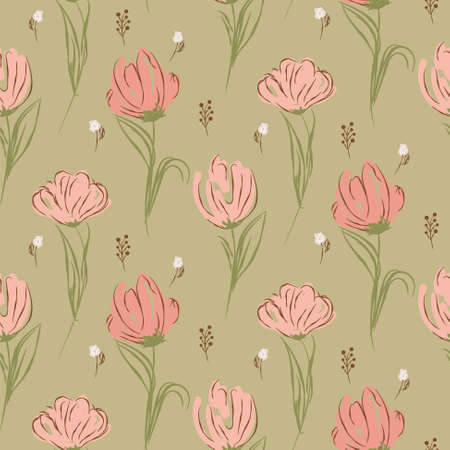 Hand drawn big tulips on green seamless background. Floral rustic pattern.のイラスト素材