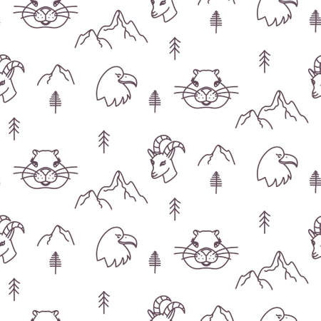 Forest alpine fauna seamless pattern. Mountain winter animals scandinavian simple outline style.のイラスト素材