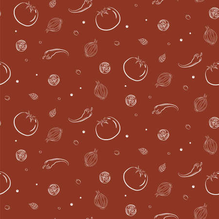 Tomatoes with herbs and spices basil, pepper soup. Food seamless red pattern.のイラスト素材