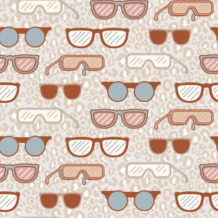 Sunglasses vintage style seamless pattern with cheetah print on background. Beige colors.のイラスト素材