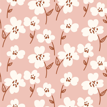 White vintage style flowers on blush background seamless pattern texture.のイラスト素材