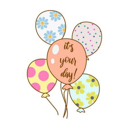 Happy Birthday Greeting Card with decorated balloons. It is your day card design floral and polka dotのイラスト素材