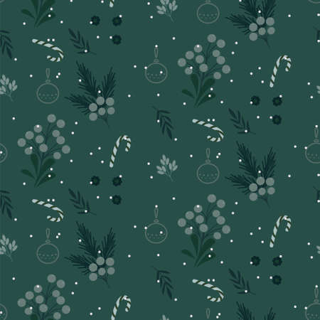 Christmas festive seamless pattern with green leaves, candy sticks, snow and berries background designのイラスト素材
