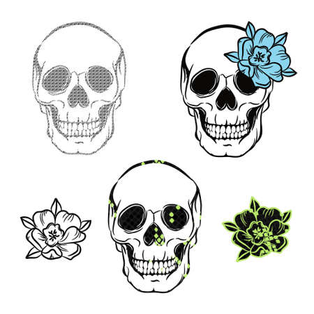 Skull outline with floral design. Boho tattoo skull head illustration with flower design elements.のイラスト素材