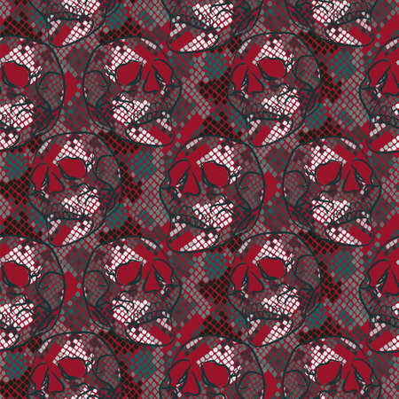Skull pattern with snake skin texture. Seamless grunge boho red background for textile print.のイラスト素材