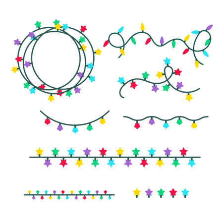 Multicolored Christmas lights garland and strings isolated on white backgroundのイラスト素材