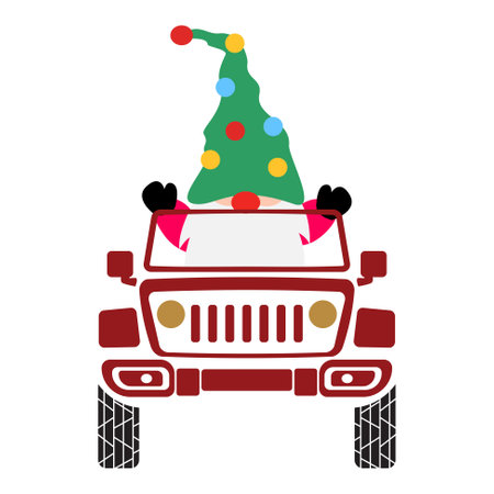 Christmas red car suv vehicle with a gnome elf in a cabine vector Illustrationのイラスト素材