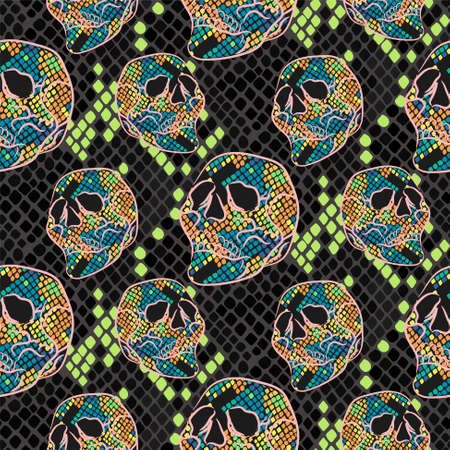 Skull pattern with snake skin texture. Seamless neon dark grunge boho background for textile print.のイラスト素材