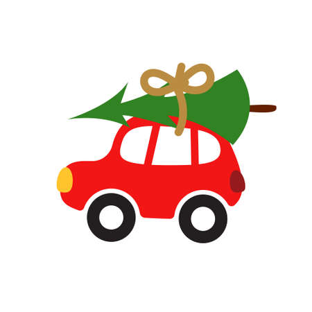 Christmas red car with a tree on roof top vector Illustration.のイラスト素材