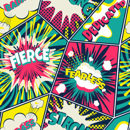 Comics pop art seamless pattern. Retro background with speech bubbles and explosion graphics.のイラスト素材