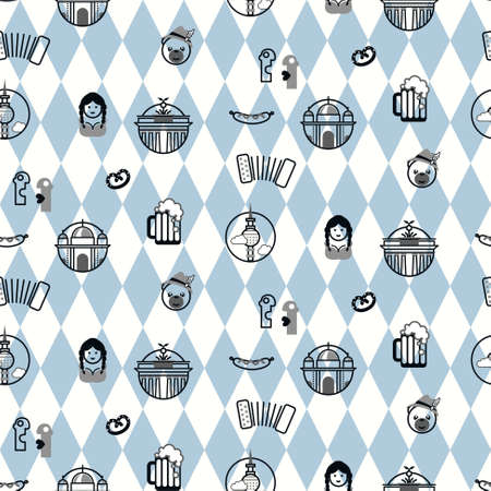 Oktoberfest background with bavarian symbols icons seamless pattern.のイラスト素材