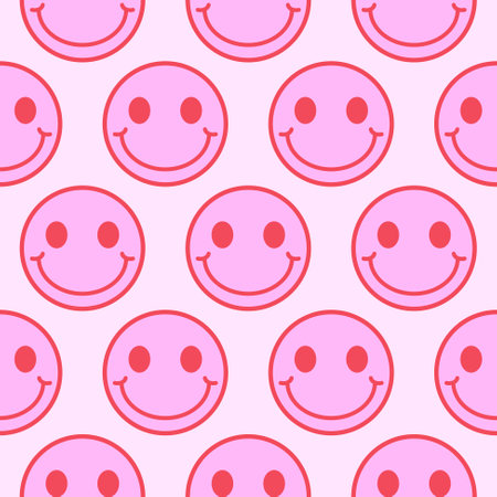 Melting smile emoji icons pink seamless pattern. Melted funny smile dripping face.のイラスト素材