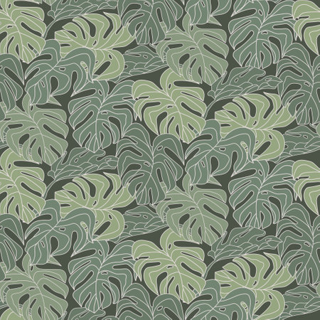 Tropical leaf Wallpaper, Monstera nature leaves pattern design, Jungle green leaf line arts, Hand drawn outline design for fabric, camouflage dark printのイラスト素材