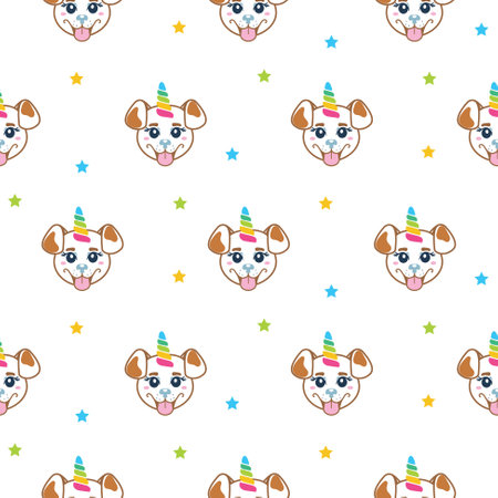 Cute unicorn puppy kids seamless pattern. Happy dog rainbow unicorn backgroundのイラスト素材