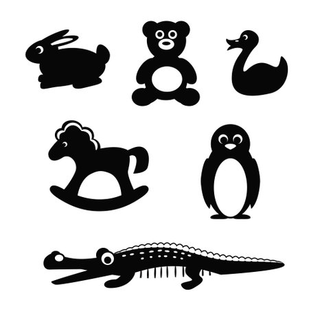 Silhouette of toy animals. Vector illustration of rabbit, bear, duck and penguin solated on whiteのイラスト素材
