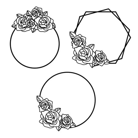 Collection of vector rose frames elements, geometric floral frames, borders and wreaths. Florals line drawing decorationsのイラスト素材