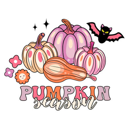 Pumpkin Season Vibes Sublimation. Halloween retro t-shirt design pink and orange colors with batのイラスト素材