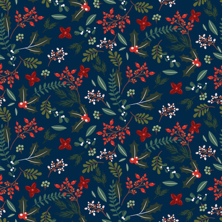 Christmas tree branches and berries seamless pattern. Winter holidays blue wrap paper designのイラスト素材