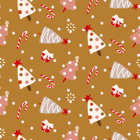 Christmas trees pink mustard seamless pattern. Xmas wrap paper background with snow and gifts.のイラスト素材