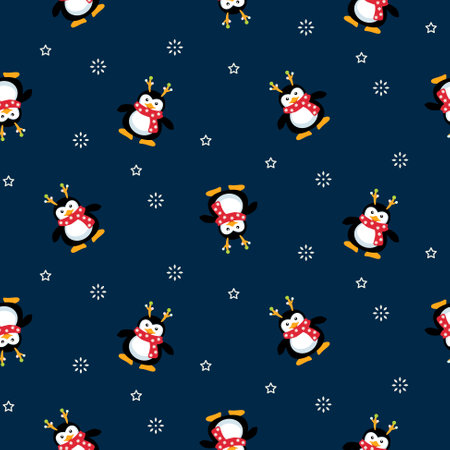 Cute penguins Christmas seamless pattern. Blue background with snow and snowmanのイラスト素材