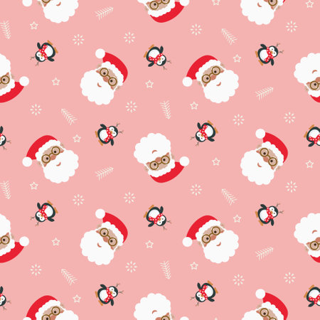 Santa Claus Christmas seamless pattern. Pink background with penguins and Santa headsのイラスト素材