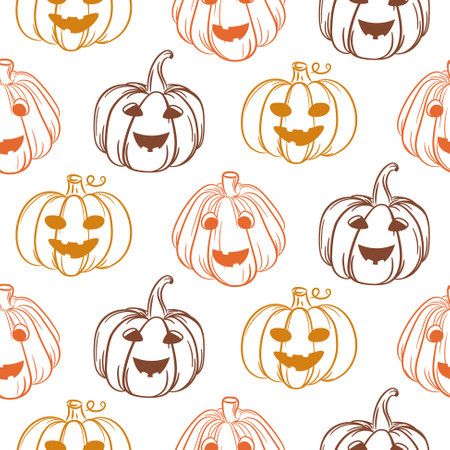 Fall Autumn Halloween pumpkins orange and brown seamless pattern background. Cute hand drawn pumpkins with happy face expression.のイラスト素材