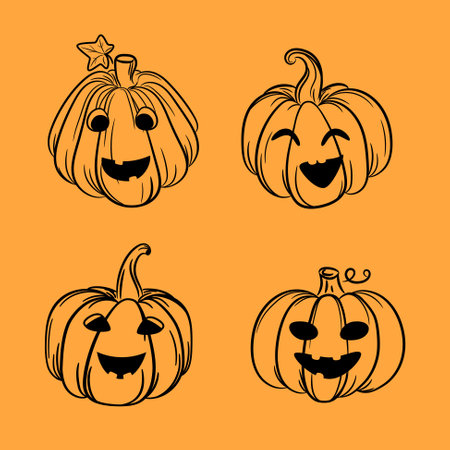 Cute Halloween funny pumpkins set illustration. Hand drawn fall autumn pumkins vector outlinesのイラスト素材