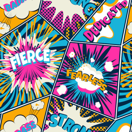 Comics pop art seamless pattern. Retro background with speech bubbles and explosion graphics.のイラスト素材