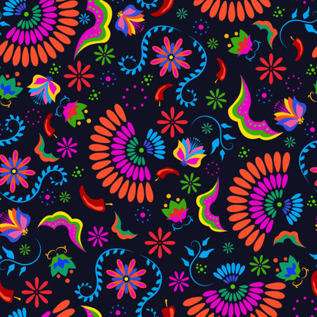 Latin culture style seamless pattern. Colorful bright Mexican floral background.のイラスト素材