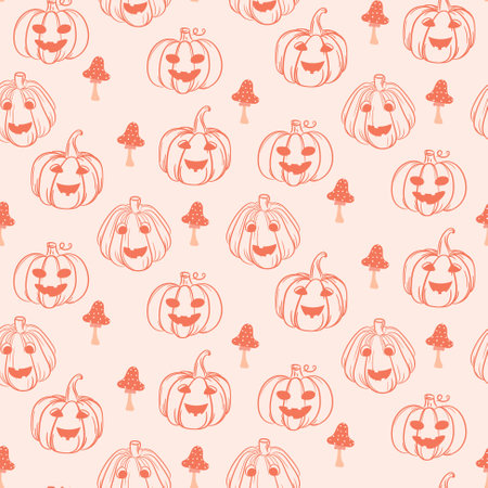 Fall Autumn harvest pumpkins orange seamless pattern background. Cute hand drawn pumpkins with mushroomsのイラスト素材